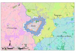 De vesting Breda, omgeven door de gemeente Ginneken en Bavel, Teteringen en Princenhage. Situatie rond 1824 (plattegrond erfgoed, gemeente Breda)