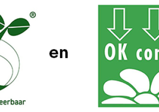 De logo's Kiemplantlogo en OK compost staan op composteerbare (biologisch afbreekbare) zakken.